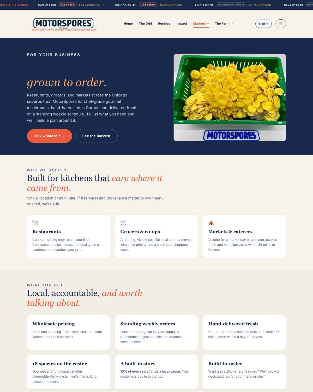 A SporeUX wholesale landing page for restaurants and grocers