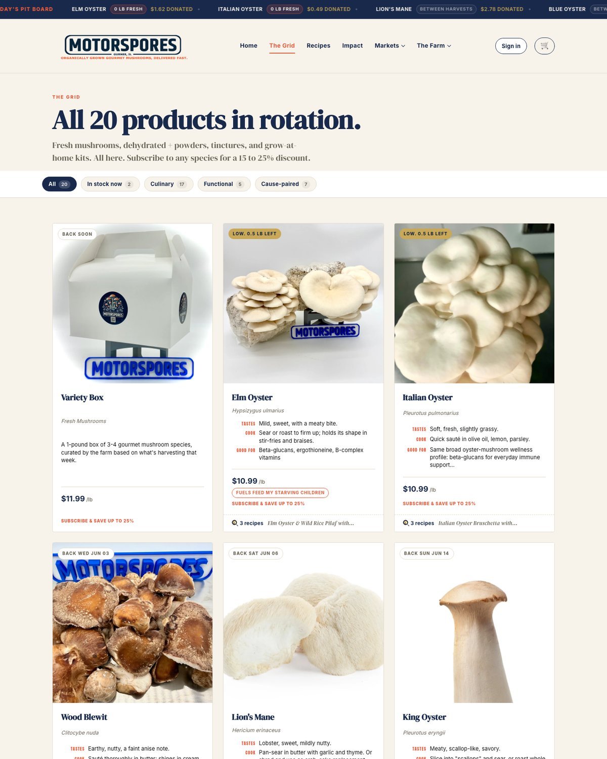 A SporeUX storefront catalog showing live mushroom-variety availability