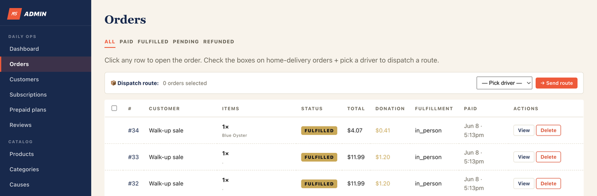 SporeUX order management: web, subscription, and in-person sales in one list