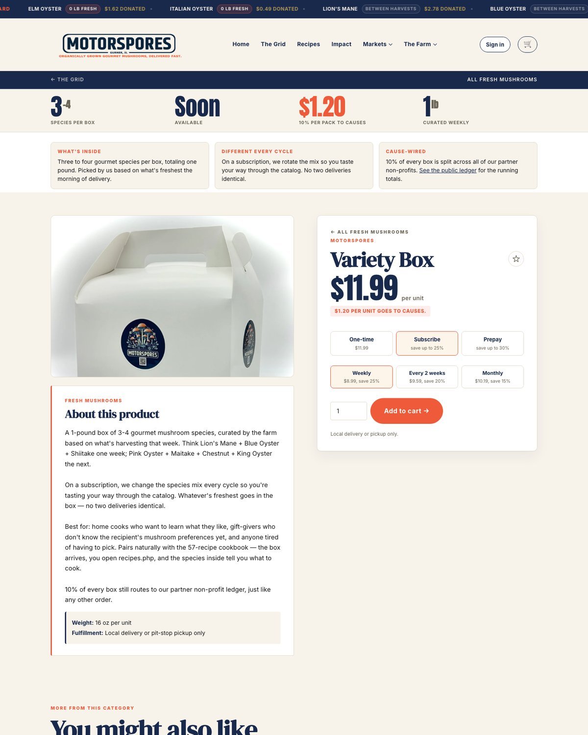 A SporeUX product page with subscription and one-time pricing